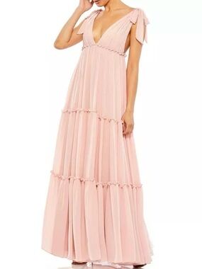 Mac Duggal Blush Pink Tiered Maxi Dress with Tie Shoulders (NWT)